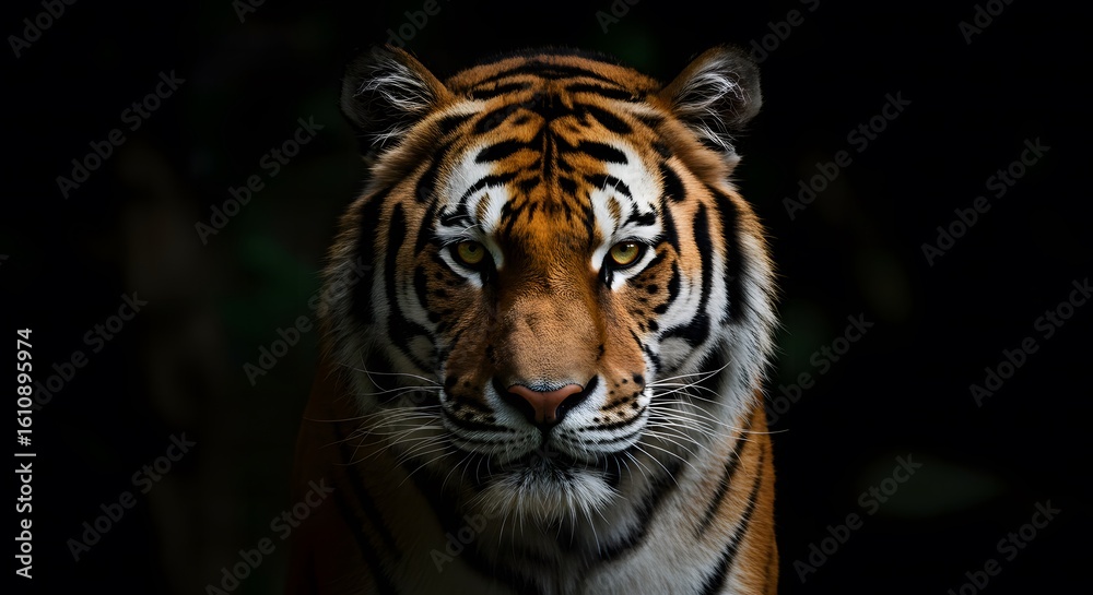Naklejka premium Intense Gaze: Striking Portrait of a Tiger Against Dark Backdrop