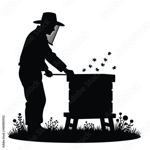 Beekeeper tending to hive with flying bees and surrounding flora apiarist beekeeping