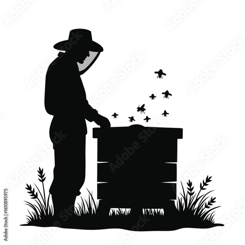Beekeeper tending to hive with flying bees and grass beekeeping apiary