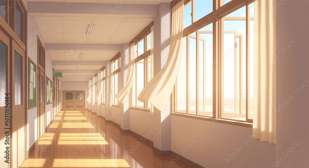 Obraz premium Wallpaper 4k Desktop Bright and peaceful school hallway with sunlight streaming through large windows and curtains blowing in the gentle wind