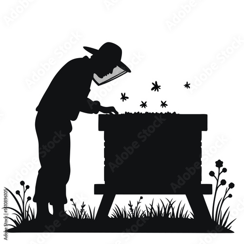 Beekeeper tending to hive with flying bees and surrounding flora apiary beehive