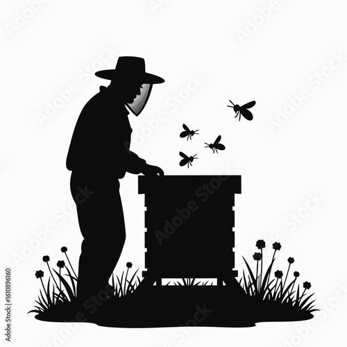 Beekeeper tending to hive with flying bees and wildflowers apiary beekeeping