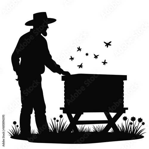Beekeeper tending to hive with flying bees and wildflowers beard silhouette