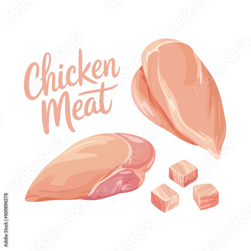 Raw chicken breast fillets and cubes for cooking