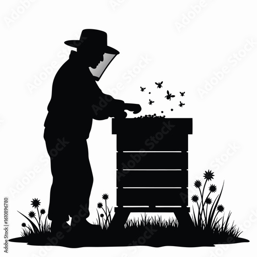 Beekeeper tending to hive with flying insects and flowers beekeeping bees