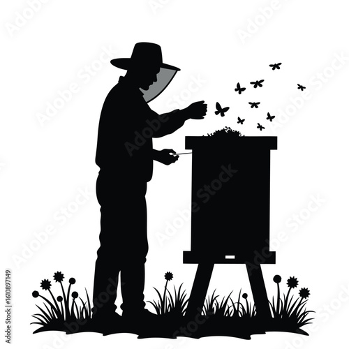 Beekeeper tending to hive with flying insects and flowers bees apiary