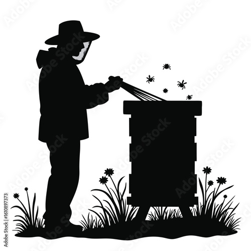 Beekeeper tending to hive with flying insects and surrounding flora beekeeping bees
