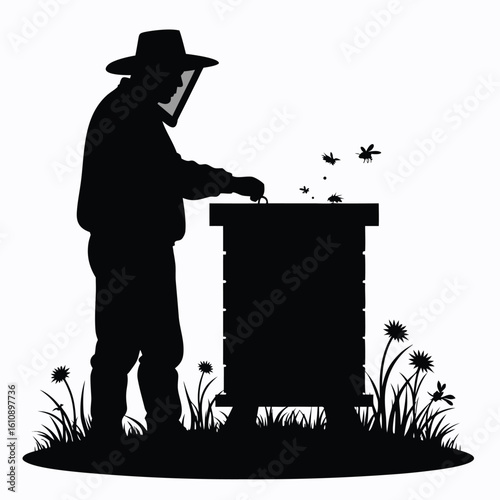 Beekeeper tending to hive with flying insects and wildflowers apiarist beekeeping