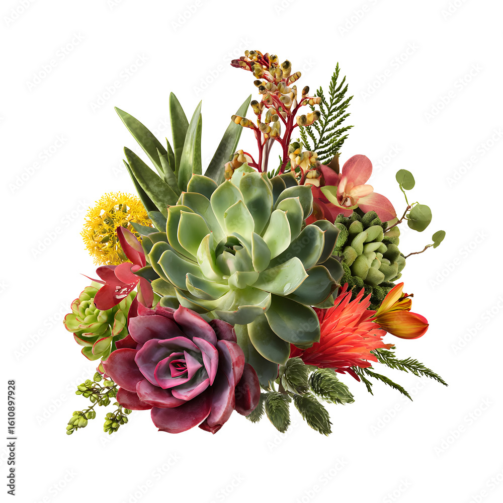 Fototapeta premium Elegant succulent arrangement on black backdrop showcasing vibrant textures and colors