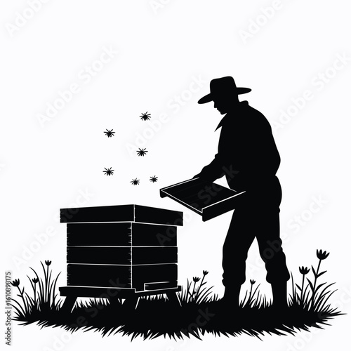 Beekeeper tending to hive with flying insects apiary bees