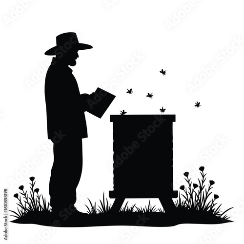 Beekeeper tending to hive with flying insects and wildflowers apiary beehive