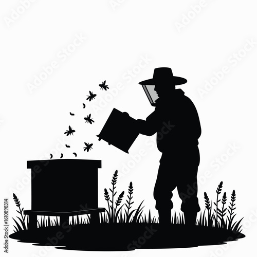 Beekeeper tending to hive with flying insects beekeeping apiary