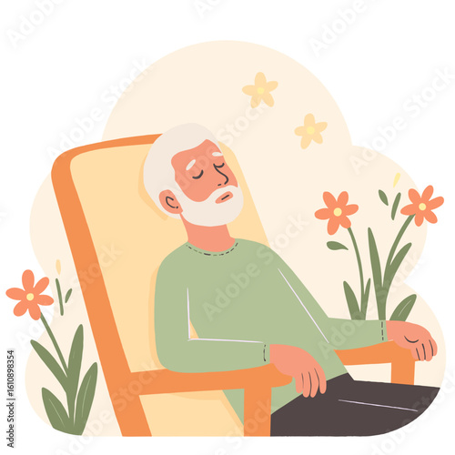 Elderly man resting eyes. Senior taking quiet moment. Mature adult napping indoors. Tired elderly man relaxing. Elderly set