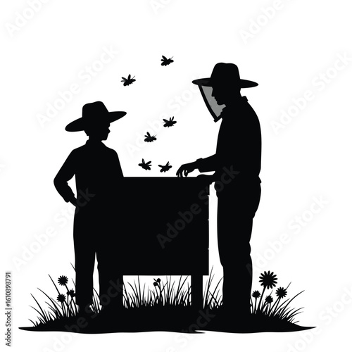 Beekeepers tending to hive with flying insects and flowers beekeeping bees