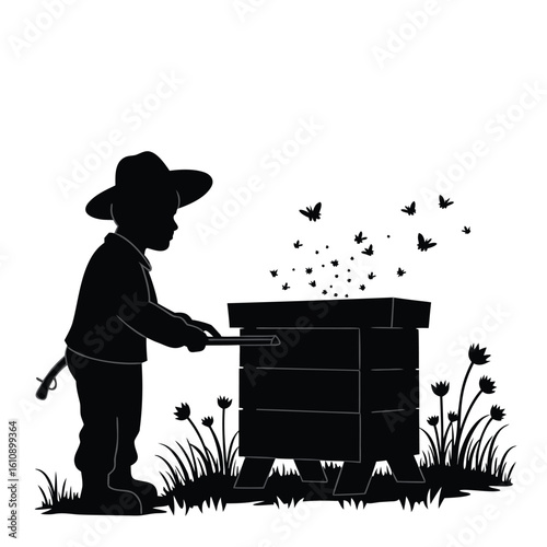 Boy with beekeeping equipment near hive with flying insects silhouette