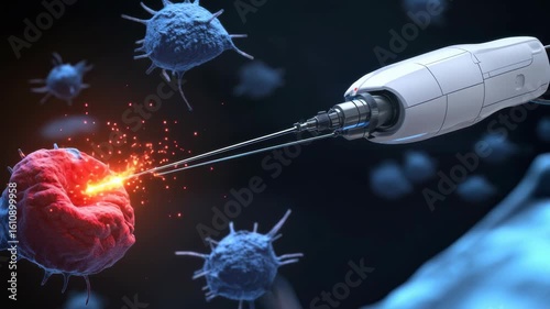 Robotic Arm Targeting Red Cell Among Blue Cells In Dark Background
