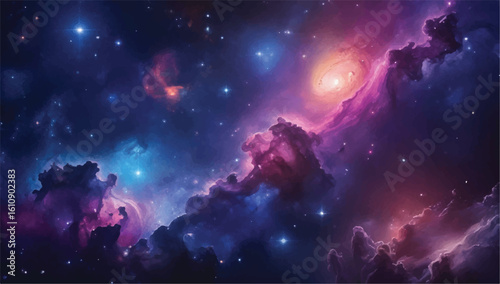 A breathtaking vector illustration of a colorful space nebula. Vibrant pink, purple, and blue cosmic clouds with shining stars and distant galaxies.
