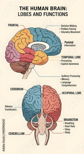 Educational Diagram of Human Brain with Labeled Lobes and Functions