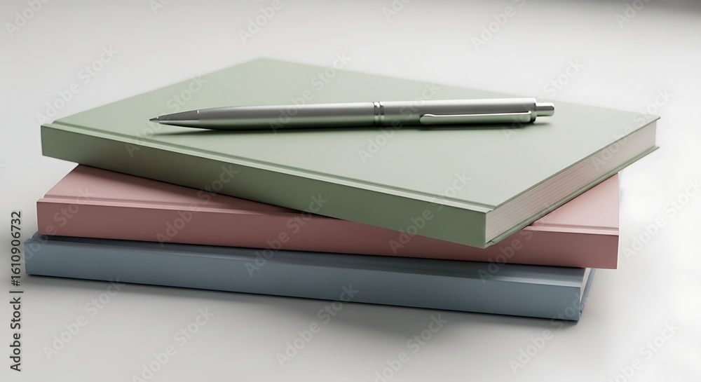 Stack of pastel notebooks with a pen, symbolizing learning and creativity Stack of pastel notebooks with a pen, symbolizing learning and creativity