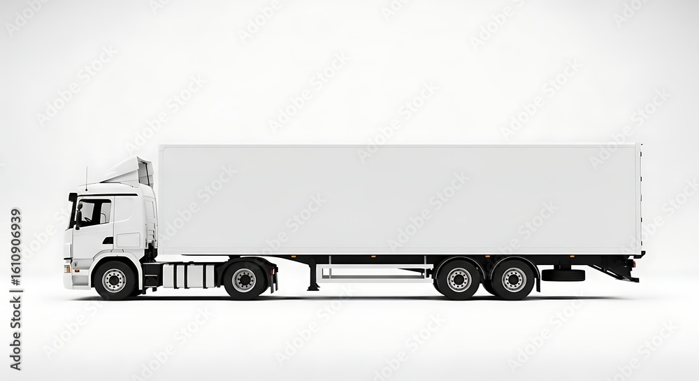 Clean and Minimalist Image of a Modern White Truck with a Large Cargo Trailer Clean and Minimalist Image of a Modern White Truck with a Large Cargo Trailer