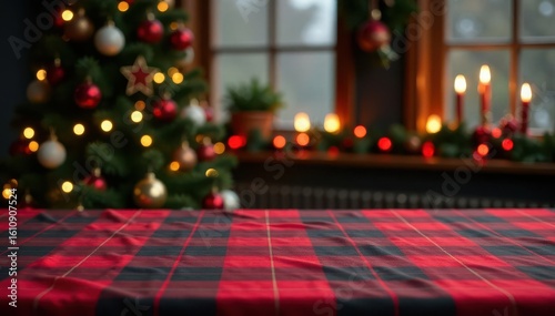 Empty table with red Scottish plaid tablecloth, Christmas decorations, and New Year tree background , scene, scottish plaid