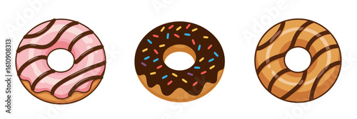 Set of 3 multi-colored donuts with chocolate, glaze and sprinkles