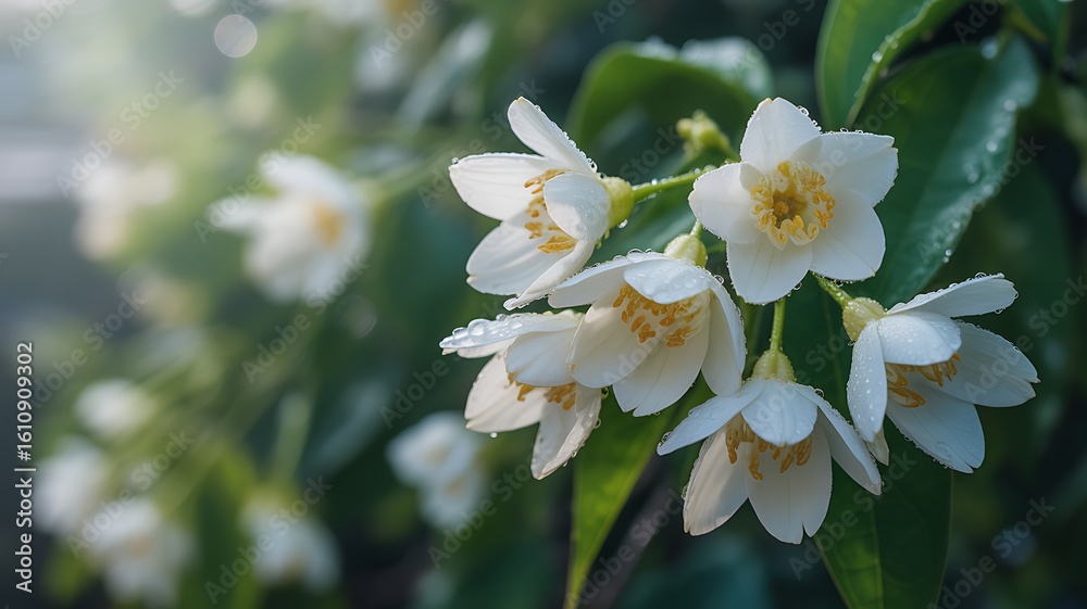Obraz premium Jasmine Blossom: An up-close perspective reveals the delicate beauty of white jasmine blossoms, their petals pristine against a backdrop of lush, green foliage, and shimmering dew drops. 