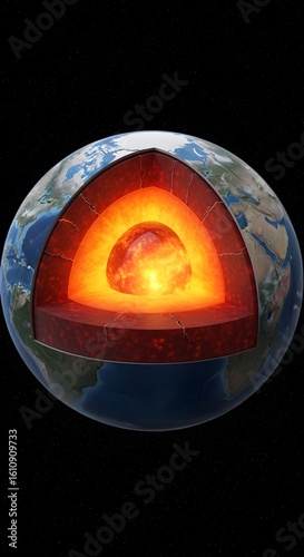 Earth Cross Section Showing Mantle and Core with Molten Lava and Cracks in Outer Layer