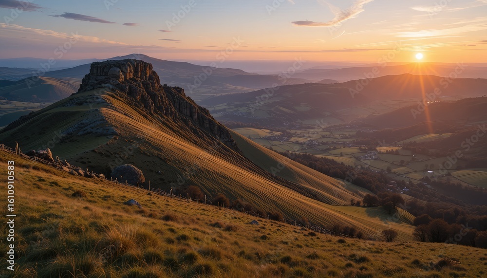 Obraz premium Panoramic view of a vibrant sunrise over the rugged mountain landscape, with soft clouds highlighting the scenic nature