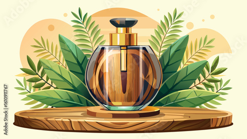 very Beautiful  close up A sleek perfume bottle sits on a wooden surface, complemented by delicate greenery, against a softly white background.