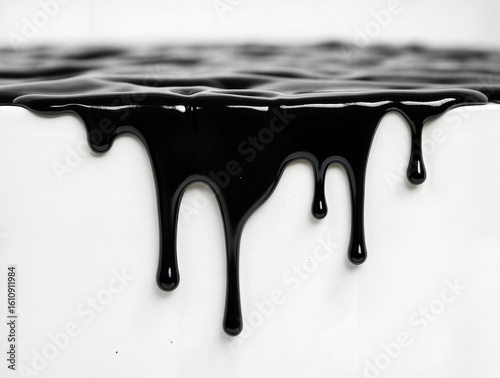Black liquid dripping down white background