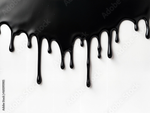 Black liquid dripping down white background