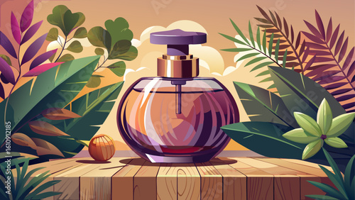 very Beautiful  close up A sleek perfume bottle sits on a wooden surface, complemented by delicate greenery, against a softly white background.