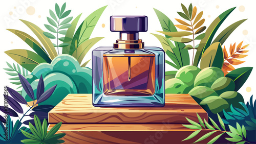 very Beautiful  close up A sleek perfume bottle sits on a wooden surface, complemented by delicate greenery, against a softly white background.