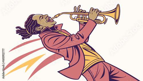 Cartoon illustration of people and animals playing jazz music with a trumpet