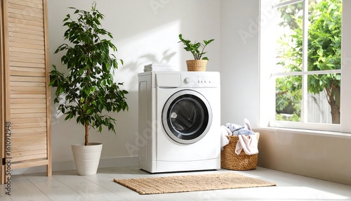 Bright laundry room with a white washing machine, plants, and a jute rug