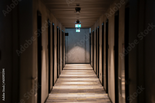 Interior hallway with closed wooden doors and emergency exit sign in industrial or commercial building with minimal lighting and symmetrical architectural design