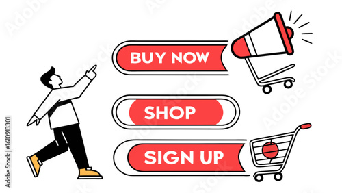 Online shopping promotion with buy now shop and sign up buttons and man pointing to the offers online 100
