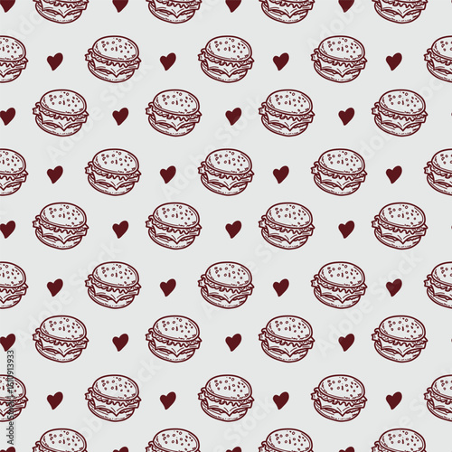 Seamless burger and heart pattern in hand-drawn style with playful romantic vibe.