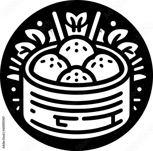 Minimalist black and white dimsum icon with clean lines, ideal for Asian food logos, stickers, or digital use in modern and simple design style.