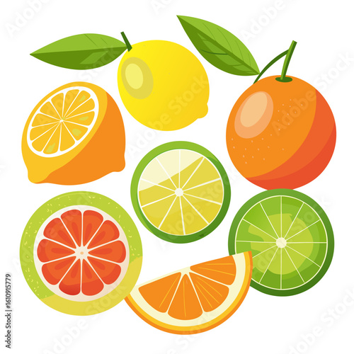 Assortment of fresh citrus fruits and slices isolated on white background