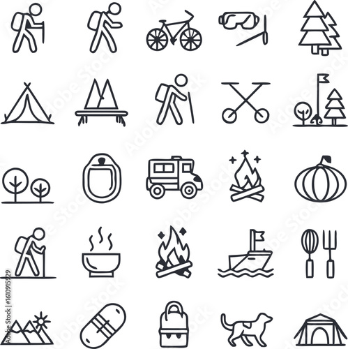 Outdoor & Camping Line Icons | Adjustable Line Weight | hikers, bikes, goggles, tents, trees, trekking poles, RV, campfires, soup, boat, utensils, mountains, snowboard, backpack, dog and more.