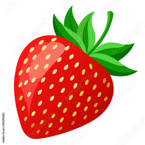 Bright red strawberry with green leaves isolated on white background