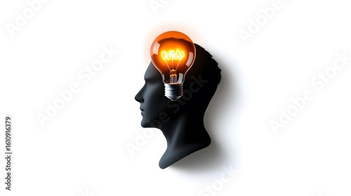 Illuminated Mind: Glowing Bulb Inside a Dark Profile