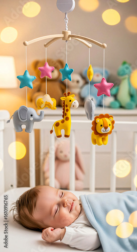 Serene Slumber: Baby Under Mobile with Bokeh Lights