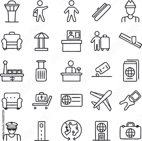 Airport & Check‑in Line Icon Set | Adjustable Line Weight | control tower, waving passenger, person, escalator, pilot, lounge seat, info kiosk, ID desk, travelers with luggage.