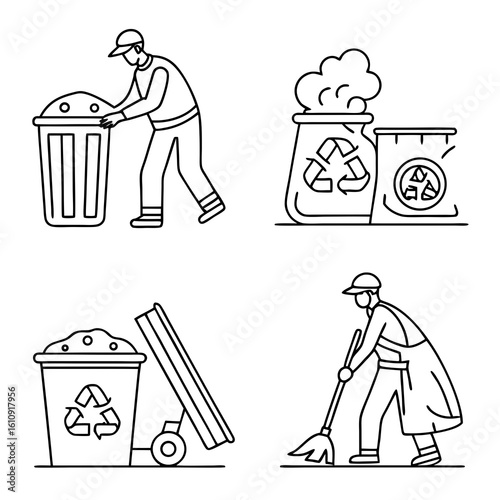 Garbage Collection and Recycling Worker Icon Set – Line Art Illustrations of Waste Management, Trash Disposal, Street Cleaning, and Eco-Friendly Recycling for Environmental Awareness

