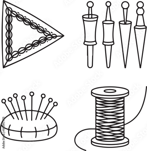Outline Icons of Bobbin Lace Tools — Craft Pillow, Bobbin Set, Thread Spindle, and Cushion with Pins