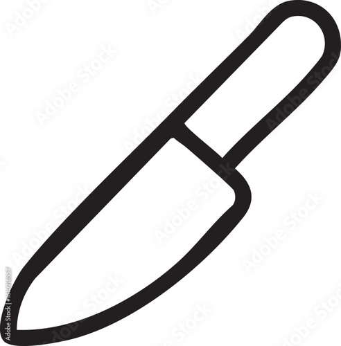 A stylized, minimalist, black outline illustration of a chef's knife, showcasing its sharp blade and handle.