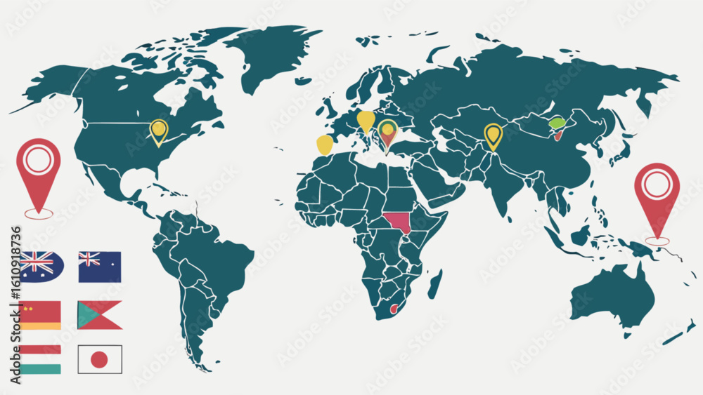 Obraz premium World map with location pin markers and country flags for travel destination and international business planning
